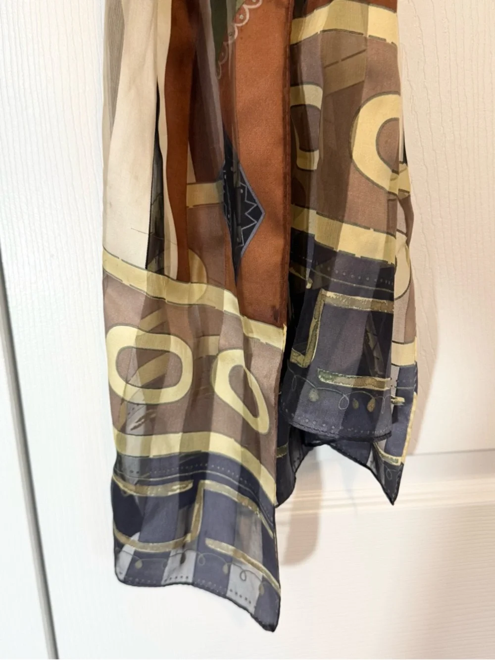 Vintage ECHO Silk Geometric & Stripe Scarf in Brown, Olive, Cream, Navy